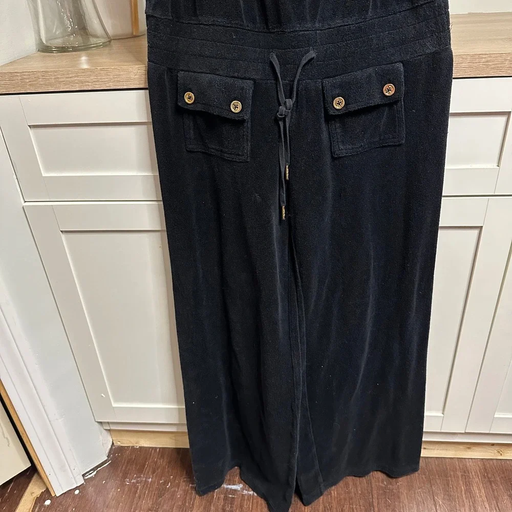 Juicy Couture Jumpsuit Womens S Black Terry Cloth Y2K Gold Buttons Wide Leg VTG - Picture 7 of 14